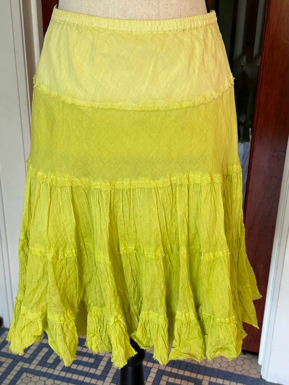 Sauci | Chartreuse Tiered Cotton Skirt Summer Boho Shabby Chic, Size L